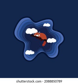 red panda on blue background. cutting paper effect. clouds.