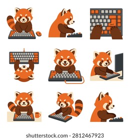 Red panda on computer keyboard typing