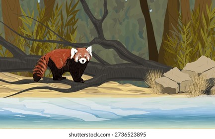 A red panda on the shore of a forest lake. Realistic vector landscape.