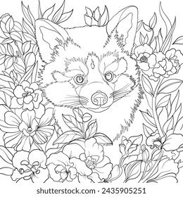 Red panda outline vector, colouring page design with leaves and flowers