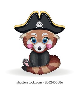 Red panda pirate, cartoon character of the game, wild bear in a bandana and a cocked hat with a skull, with an eye patch. Character with bright eyes Isolated on white