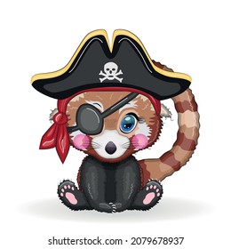 Red panda pirate, cartoon character of the game, wild bear in a bandana and a cocked hat with a skull, with an eye patch. Character with bright eyes Isolated on white