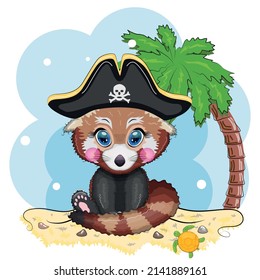 Red panda pirate, cartoon character of the game, wild bear in a bandana and a cocked hat with a skull, with an eye patch. Character with bright eyes on the beach with palm trees