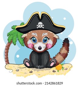 Red panda pirate, cartoon character of the game, wild bear in a bandana and a cocked hat with a skull, with an eye patch. Character with bright eyes on the beach with palm trees