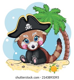 Red panda pirate, cartoon character of the game, wild bear in a bandana and a cocked hat with a skull, with an eye patch. Character with bright eyes on the beach with palm trees