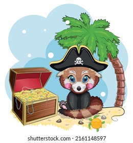 Red panda pirate, cartoon character of the game, wild bear in a bandana and a cocked hat with a skull, with an eye patch. Character with bright eyes and treasure chest