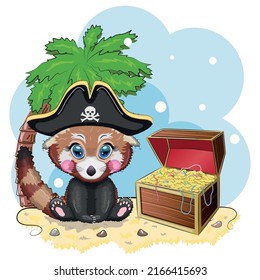 Red panda pirate, cartoon character of the game, wild bear in a bandana and a cocked hat with a skull, with an eye patch. Character with bright eyes and treasure chest