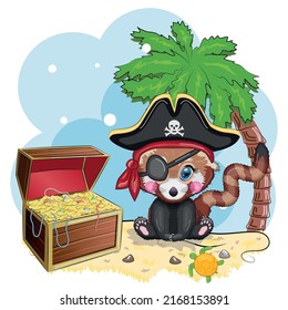 Red panda pirate, cartoon character of the game, wild bear in a bandana and a cocked hat with a skull, with an eye patch. Character with bright eyes and treasure chest