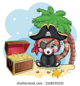 Red panda pirate, cartoon character of the game, wild bear in a bandana and a cocked hat with a skull, with an eye patch. Character with bright eyes and treasure chest
