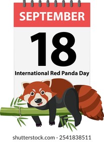 Panda rojo descansando en bambú con fecha de calendario