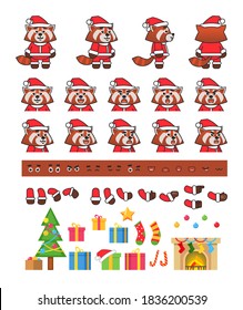 Red panda in Santa Claus outift creation set, various Christmas design elements. Vector illustration bundle