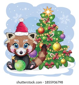 Red panda in santa hat with a ball near the christmas tree, cute character, christmas and new year greeting card, rare animals.