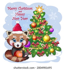 Red panda in santa hat with a ball near the christmas tree, cute character, christmas and new year greeting card, rare animals.