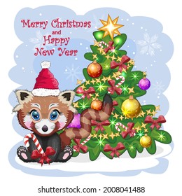 Red panda in santa hat with candy kane near the christmas tree, cute character, christmas and new year greeting card, rare animals