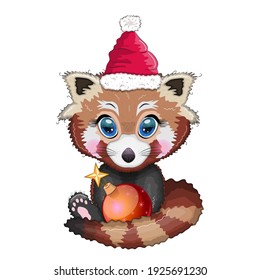 Red panda in santa hat with christmas tree ball, cute character, new year and christmas greeting card, rare animals.