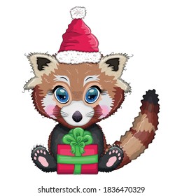 Red panda in santa hat with a gift, cute character, new year and christmas greeting card, rare animal