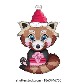 Red panda in santa hat with a gift, cute character, new year and christmas greeting card, rare animal