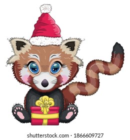 Red panda in santa hat with a gift, cute character, new year and christmas greeting card, rare animal