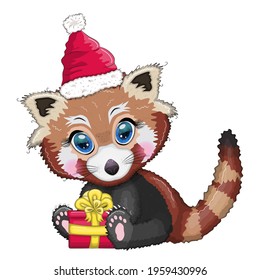 Red panda in santa hat with a gift, cute character, new year and christmas greeting card, rare animal