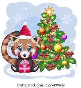 Red panda in santa hat with a gift near the christmas tree, cute character, christmas and new year greeting card, rare animals