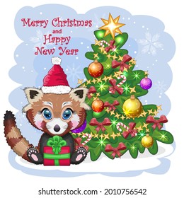 Red panda in santa hat with a gift near the christmas tree, cute character, christmas and new year greeting card, rare animals