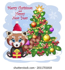 Red panda in santa hat with a gift near the christmas tree, cute character, christmas and new year greeting card, rare animals