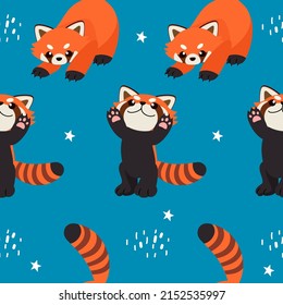 Red panda seamless pattern on blue background vector illustration. cute red panda standing