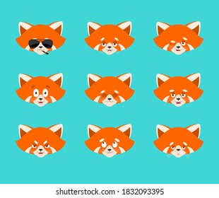 Red panda set emoji avatar. sad and angry face. guilty and sleeping. Wild animal sleeping emotion face. Beast Vector illustration