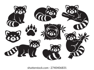 Red panda silhouette vector illustration featuring a clean, minimalist black design of a red panda in a sitting or climbing pose. Bold flat style capturing its distinctive tail and body shape, representing wildlife, nature, conservation, and cute animal themes. Ideal for educational materials, wildlife guides, animal-themed designs, posters, stickers, and digital or print projects. High-quality scalable vector suitable for both print and digital use.