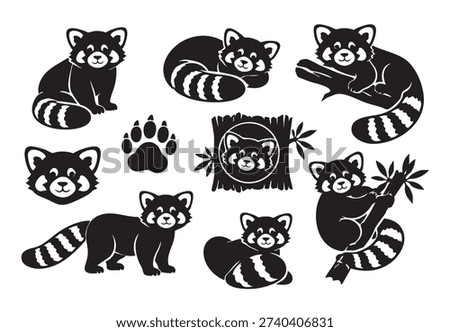 Red panda silhouette vector illustration featuring a clean, minimalist black design of a red panda in a sitting or climbing pose. Bold flat style capturing its distinctive tail and body shape, representing wildlife, nature, conservation, and cute animal themes. Ideal for educational materials, wildlife guides, animal-themed designs, posters, stickers, and digital or print projects. High-quality scalable vector suitable for both print and digital use.