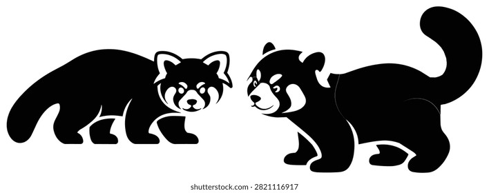 Red panda silhouettes facing each other black and white graphic