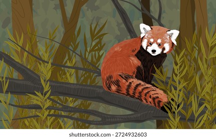 Un panda rojo se sienta en una rama de árbol en un bosque denso y oscuro. Panda menor del Himalaya y China. Paisaje de Vector realista.