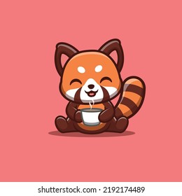 Red Panda Sitting Drink Coffee Cute Creative Kawaii Cartoon Mascot Logo