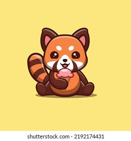 Red Panda Sitting Eating Ice Cream Cute Creative Kawaii Cartoon Mascot Logo