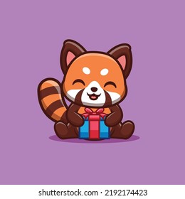 Red Panda Sitting Gift Box Cute Creative Kawaii Cartoon Mascot Logo