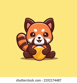 Red Panda Sitting Gold Coin Cute Creative Kawaii Cartoon Mascot Logo