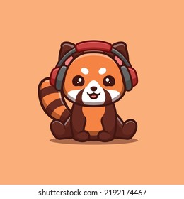 Red Panda Sitting Hearing Music Cute Creative Kawaii Cartoon Mascot Logo