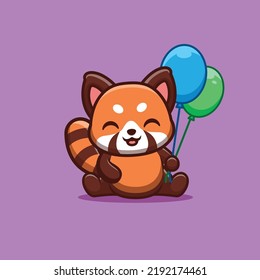 Red Panda Sitting Hold Balloon Cute Creative Kawaii Cartoon Mascot Logo