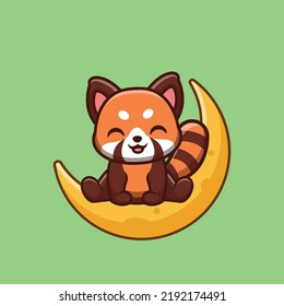 Red Panda Sitting On Moon Cute Creative Kawaii Cartoon Mascot Logo