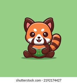 Red Panda Sitting Reading Book Cute Creative Kawaii Cartoon Mascot Logo