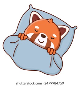 Red panda sleeps in bed. Vector illustration. Cartoon illustration isolated on white background. Great for icon, stickers, card, children's book