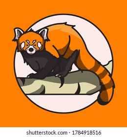 Red panda is standing in the branches with circle background on orangebackground