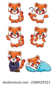 Red panda vector cartoon  illustrations in different poses. Friendly mascot for business with different emotions: neutral, surprised, greeting, cheering, sleeping. For branding, marketing, stickers