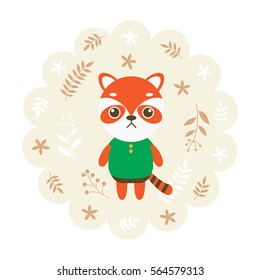 red panda. vector illustration cartoon, mascot. funny and lovely design. cute animal on a floral background. little animal in the children's book character style.