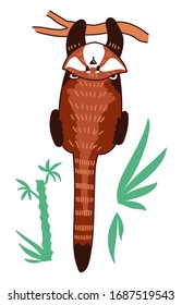 Red panda vector illustration. Сute drawing of Ailurus fulgens with green plants.