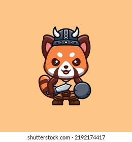 Red Panda Viking Cute Creative Kawaii Cartoon Mascot Logo