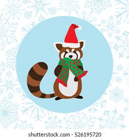 Red panda wearing Santa hat on snowflake background. Animal cartoon for Christmas time. 
