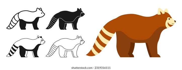 Juego de dibujos animados de animales salvajes de panda roja. Símbolo de oso mamífero de China Asia, colección de doodle de línea o de silueta. Icono de animal. Ilustración de vector zoológico abstracto dibujado a mano