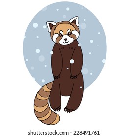 Red panda in winter. Vector illustration with cute red panda.