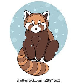 Red panda in winter. Vector illustration with cute red panda and snow.